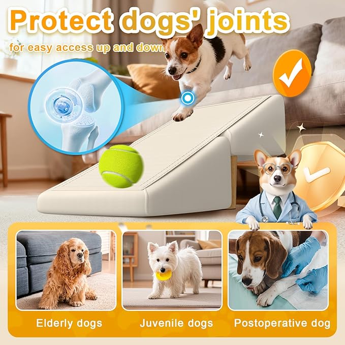 Split Ottoman Dog Ramp, 23-Degree Puppy Ramps for Small Dogs, Solid Wood Anti-Slip Dog Ramp for Couch, Includes Removable Anti-Slip Mat and Seat Cushion, for Small and Injured Dogs & Cats