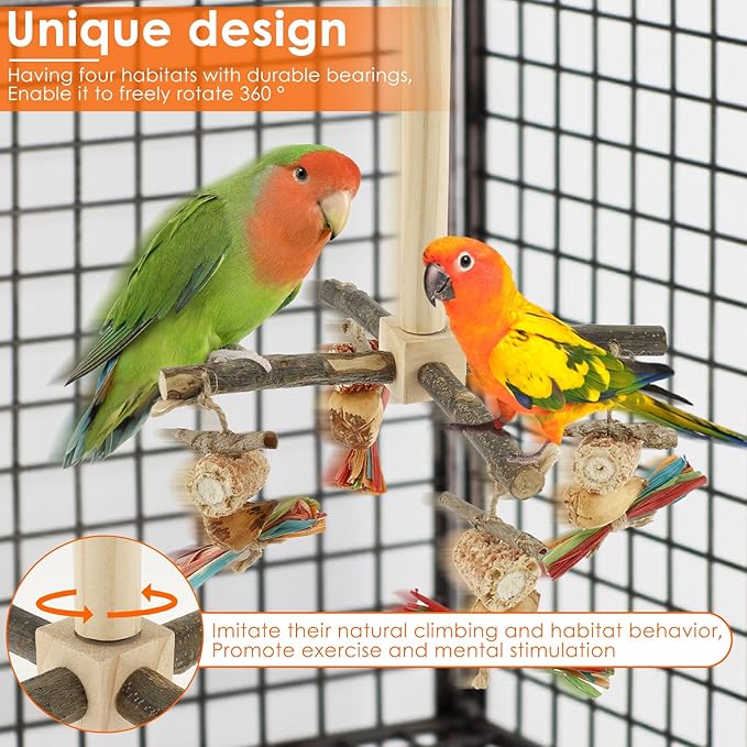 Agape Rotating Parrot Perch Toy with Chew Toy - Natural Wooden Perch Stand, 360° Rotatable Parrot Exercise Standing Perch, Bird Cage Accessories for Small and Medium Sized Birds (String Bite Style)