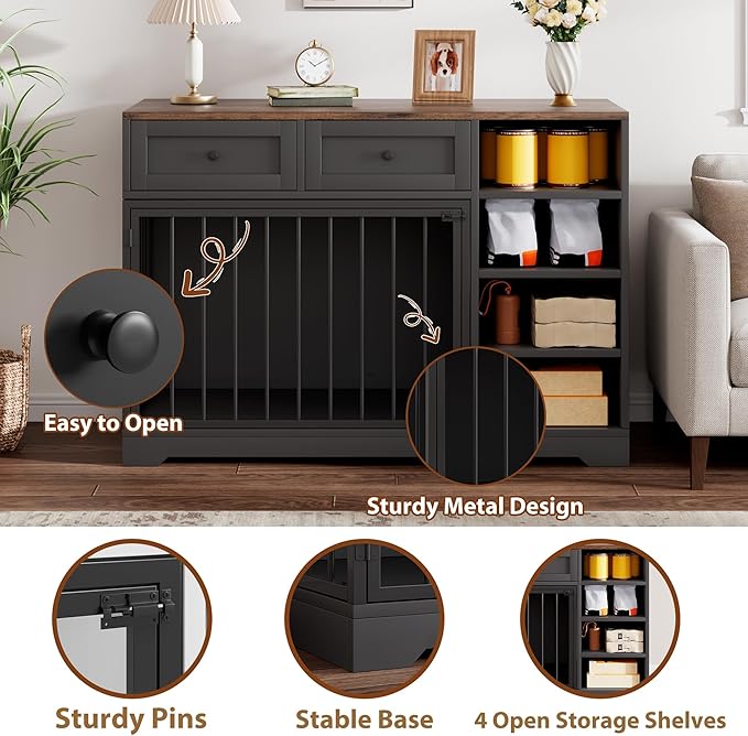 GAOMON 47 Inch Large Dog Crate, Dog Kennel Indoor with 2 Drawers and 4 Shelves, Dog Crate Furniture TV Stand, Wooden Dog Cage for Medium Large Dogs, Decorative Pet House, Black