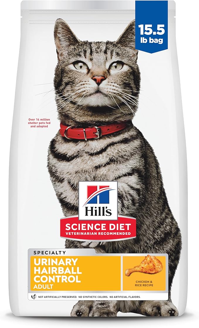 Hill's Science Diet Urinary Hairball Control, Adult 1-6, Urinary Track Health & Hairball Control Support, Dry Cat Food, Chicken Recipe, 15.5 lb Bag