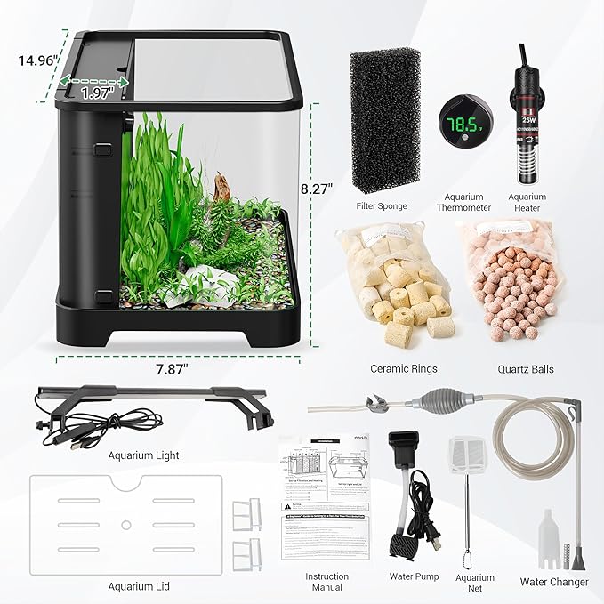 3.5 Gallon Aquarium Starter Kits, Betta Fish Tank with Heater, Digital Thermometer, Aquarium Light with Timer, Hidden Filtration System and Water Changer Kit, Self Cleaning Fish Tank for Nano Fish