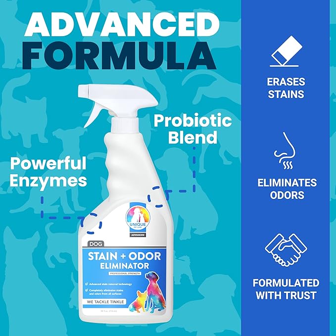Unique Advanced Dog Odor + Stain Remover - 24 oz. Ready-to-Use Liquid Spray - Bio-Enzymatic Formula Quickly Eliminates Dog Stains and Removes Pet Odors