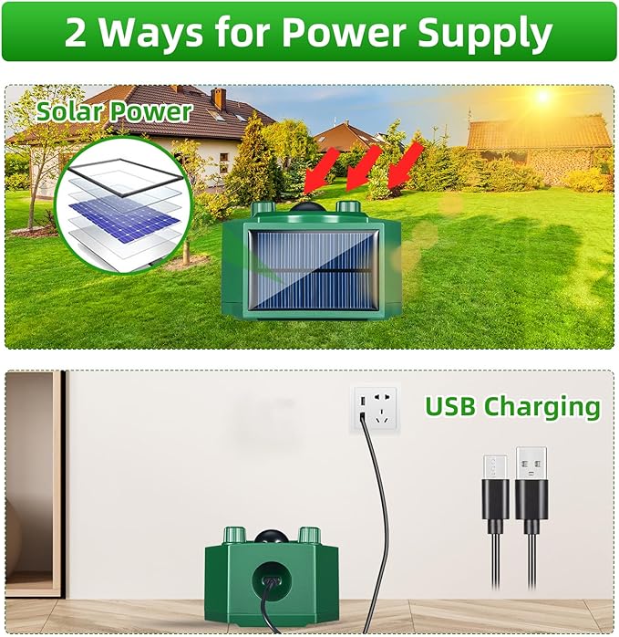 Solar Ultrasonic Animal Repeller Cat Deterrent Outdoor Squirrel Rabbit Dog Skunk Raccoon Coyote Fox Deer Predator Deterrents Repellent Device with Light & Motion Detection for Yard Farm Garden