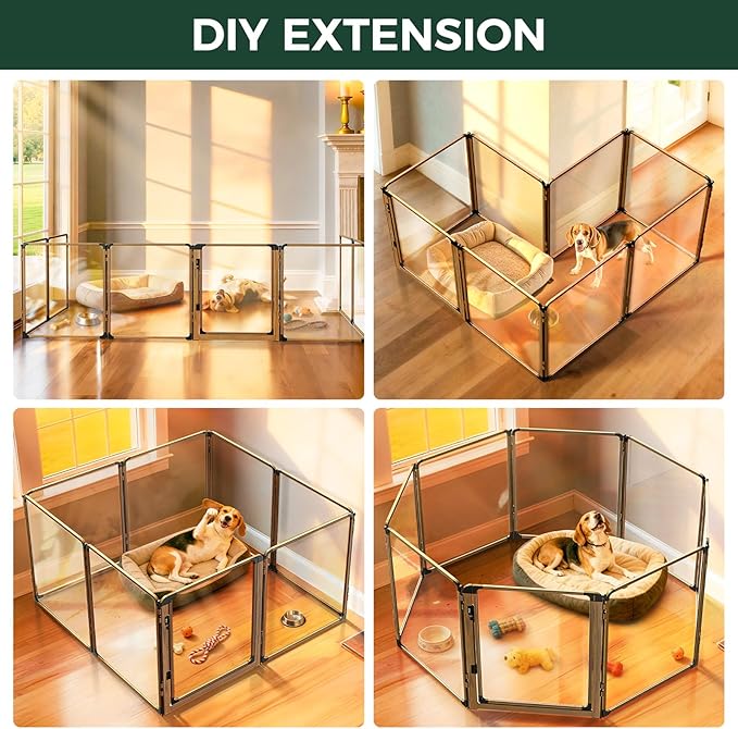 FXW AuraSpace Pro Metal & Acrylic Indoor Dog Playpen, All-Acrylic Clear Heavy-Duty Design, 32" Height 8 Panels for Small and Medium Dogs, Walnut│Patented