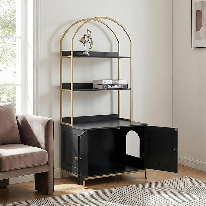 Homhedy Cat Litter Box Enclosure, Litter Box Furniture Hidden with 2-Tier Storage Shelves, Wooden Cat Washroom Furniture with Metal Frame, Modern Style, Black and Gold