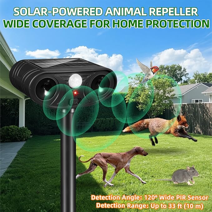 2026 Upgraded Solar Ultrasonic Animal Repellent Deer Repellent Devices Cat Deterrent Outdoor with Motion Sensor Dog Deterrent Keep Raccoon Squirrel Skunk Rabbit Away from Yard Lawn Garden 4 Pack