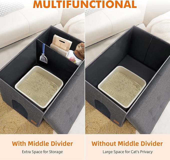Cat Litter Box Enclosure Furniture for Odor Control, Hidden Cabinet Cats Litter Ottoman with Flip-Up Lid,Cat Litter Box Bench with Storage Space, Dog Proof(Grey, X-Large)