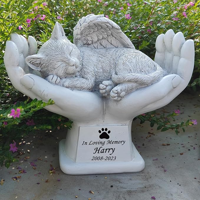 Personalized Memorial Cat Angel Tribute Statue Resting in Peace in God's Hands, Cat Passing Away Gifts, Pet Loss Gift for Cat Grave Marker Stone -Customizable Name and Date
