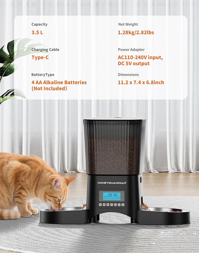 HoneyGuardian Automatic Cat Feeder for 2 Cats, Automatic Cat Food Dispenser, Timed Pet Feeder for Cats and Dogs, Desiccant Bag, Programmable Portion Control,10s Voice Recorder