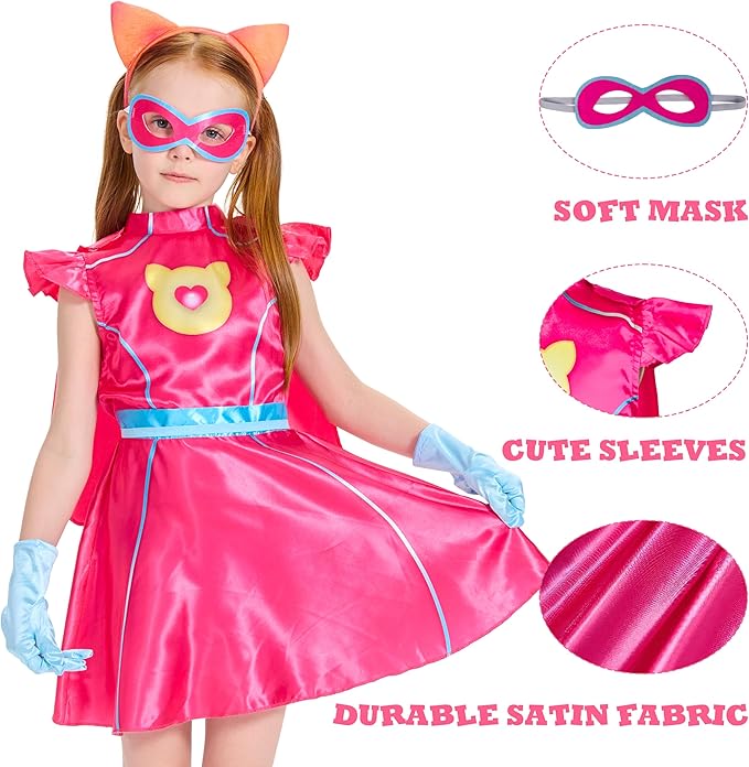 IKALI Pink Kitties Costume for Kids Girls Halloween Superhero Cat Fancy Dress with Cape