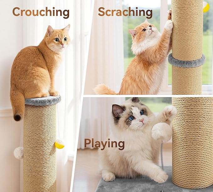 5-Inch Thick Sisal Cat Scratching Post, 36" Tall Cat Scratch Tower with Top Platform and Extra-Stable 20.8×15.9" Base, Durable Cat Scratcher for Indoor Cats, Gray