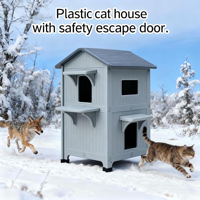 Weatherproof Outdoor Cat House with Insulated Liner for Feral Multi Cats, 2 Storey Insulated Elevated Cat Shelter with Escape Door, Easy Assemble, Expansive Interior‌, Grey 34" D x 21" W x 21.5" H