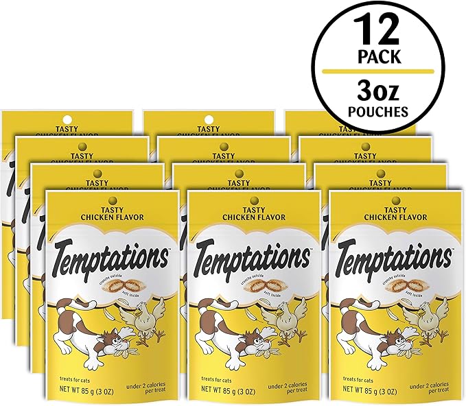 Temptations Cat Treats Classic Crunchy and Soft Cat Treats, Tasty Chicken Flavor, 3 oz. Pouch (Pack of 12)