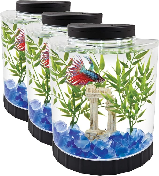 Tetra 1 Gallon Half Moon Small Fish Tank w/Movable LED Light, for Betta & Gold Fish, Aquarium | (Pack of 3)
