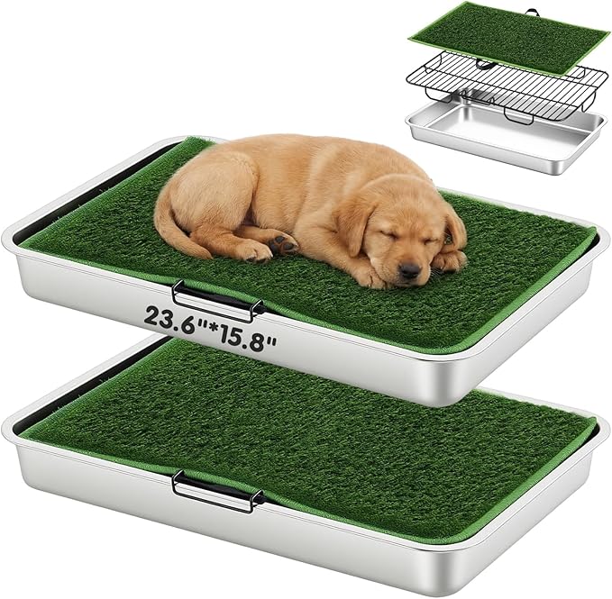 Shimeyao 2 Sets 3-layer Stainless Steel Dog Potty Tray with Artificial Grass Pad, Support Grid & Removable Stainless Steel Tray, 23.6" x 15.8" Portable & Reusable Dog Litter Box for Indoor Outdoor Use