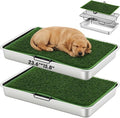 Shimeyao 2 Sets 3-layer Stainless Steel Dog Potty Tray with Artificial Grass Pad, Support Grid & Removable Stainless Steel Tray, 23.6" x 15.8" Portable & Reusable Dog Litter Box for Indoor Outdoor Use