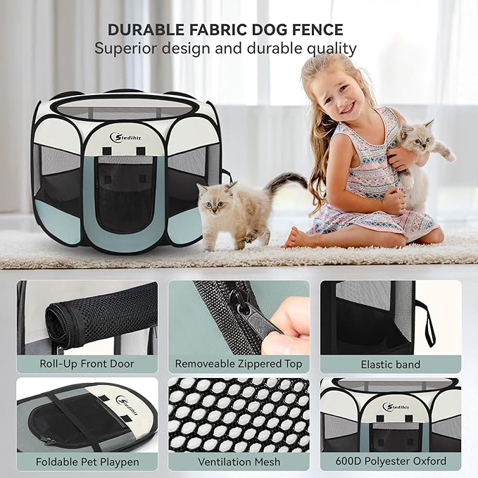 Dog Cat Playpen, Puppy Pet Playpen Indoor for Small Dog Crate Tent Cage Outdoor, Portable Pop Up Dogs Enclosure Kennel with Carrying Case for Dogs/Cats/Rabbits(Grey, Small