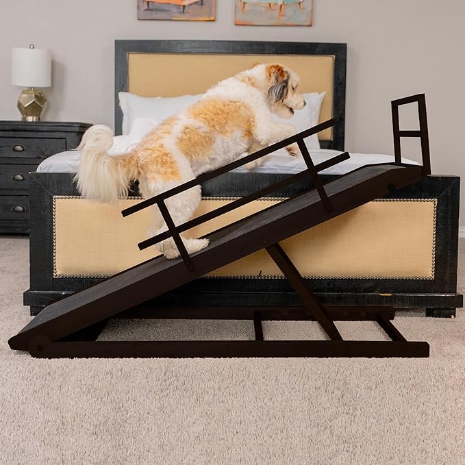Dog Ramp for Bed, 5 Level Adjustable Dog Ramp for High Beds, Upgrade Rubber Mat High Traction Ramp with Safety Rails, Folding Pet Ramp for Bed, Couch,SUV, Natural Wood Pet Ramp for Small & Old Dogs