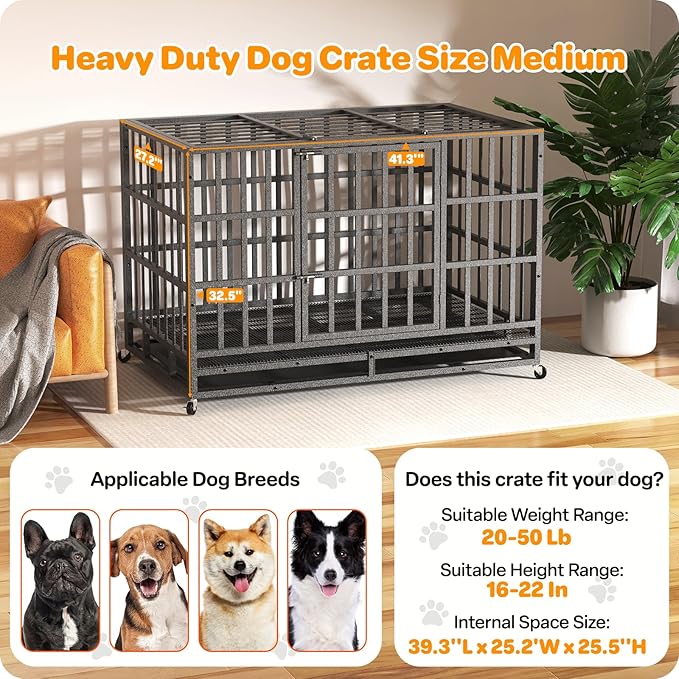 42 Inch Heavy Duty Dog Crate, Indestructible Escape-Proof Dog Kennel for High Anxiety Large Dogs, Strong Metal Pet Cage with Double Doors, Lockable Wheels & Removable Tray, XL XXL XXXL