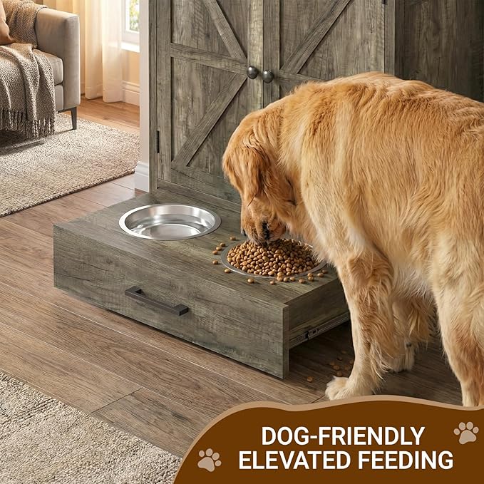 Dog Feeding Station with Storage Cabinet, Raised 2 Elevated Dog Bowls with Hidden Drawer, Pet Feeder Organizer with 3 Side Hooks, Large Capacity Dog Food Storage Cabinet
