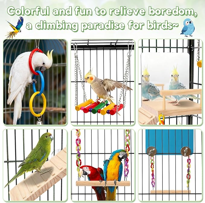Perch Platform Bird Toys with Bird Mirror Climbing Ladder Swing,Tricolor Ring,Birds Perch Platform Bird Toys,Wooden Bird Cage Accessories,Suitable for Various Parrots and Birds