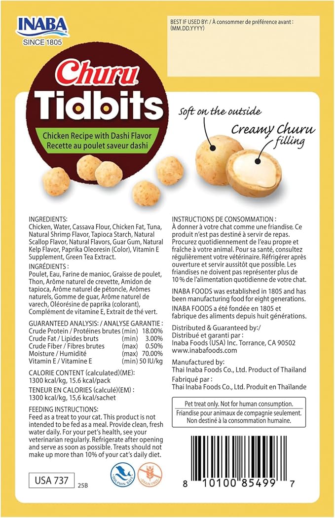 INABA Churu Tidbits for Cats, Soft & Chewy Churu Filled, Baked Chicken Cat Treats with Taurine & Green Tea Extract, 0.42oz per Pack, 8 Packs Total, Chicken with Dashi Flavor Recipe