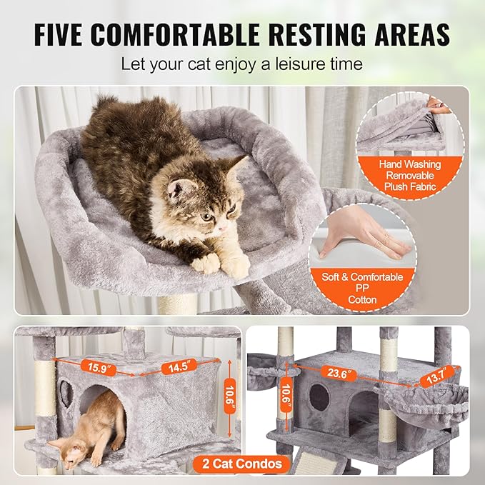 VEVOR Cat Tree for Indoor Cats, 68.5" Cat Tower with 2 Cat Condos, Sisal Scratching Post, Hammocks, Top Perches, Jumping Platforms and Ramp, Cat Furniture Activity Center with Hang Balls, Light Grey