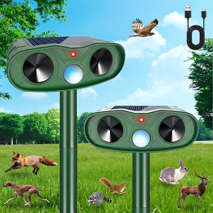 2025 Ultrasonic Animal Repellent Outdoor Deer Repellent Devices, 2Pack Solar Animal Repeller Motion Detection, Cat Repeller Outdoor to Scare Squirrel Dog Repellent Deterrent for Yard