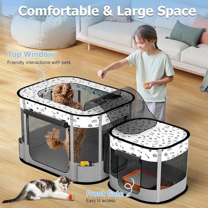 Portable Cat Playpen, Foldable Pet Dog Playpen, for Kitten Puppy Play Pen Indoor/Outdoor, Cats Enclosure Cages Tent with Carrying Case, 600D Oxford 8-Rods, 32"x24"x22", Grey