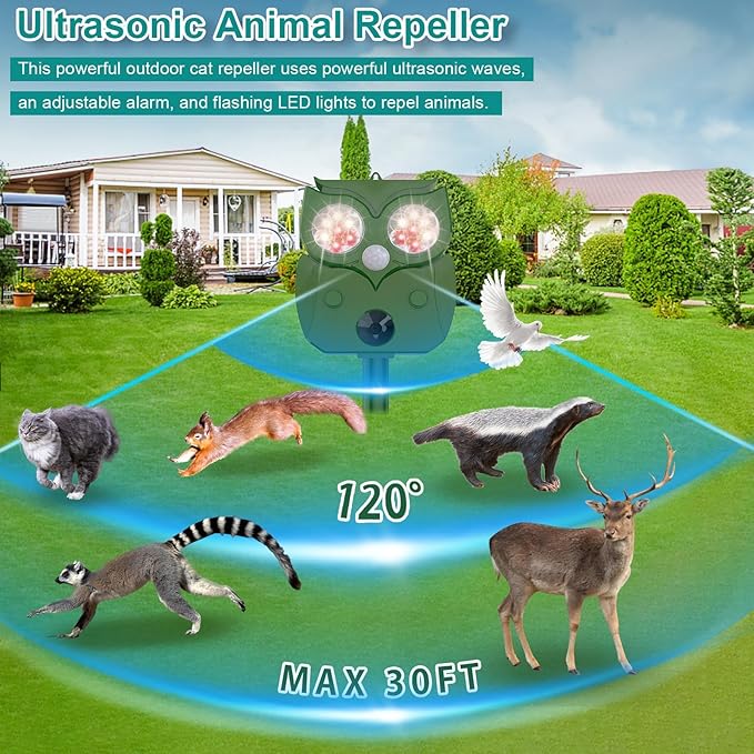 Solar Ultrasonic Animal Repellent Outdoor 2PCS, Cat Squirrel Deer Repellent Devices with Waterproof Animal Deterrent for Garden Yard Farm