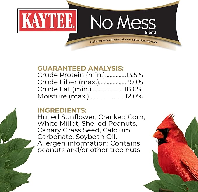 Kaytee Wild Bird No Mess Food Seed Blend For Blue Jays, Woodpeckers, Juncos, Cardinals, Grosbeaks, Sparrows, and Finches, 5 Pound