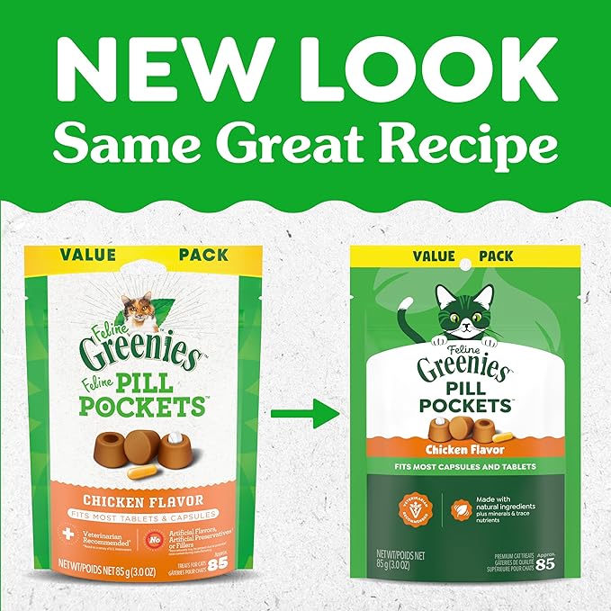 Greenies Feline Pill Pockets for Cats Natural Soft Cat Treats, Chicken Flavor, 3 oz. Pouch (85 Treats)
