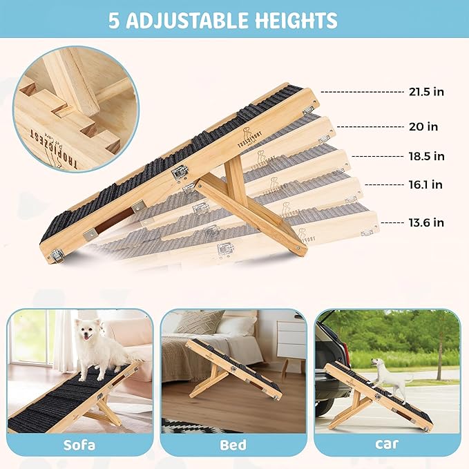 Medium Dog Ramp for Bed and Couch Wooden Adjustable Pet Stairs for Dogs and Cats 34.6" Non Slip Foldable Ramp with 5 Height Settings 13.6"-21.5" for Puppies, Pets, Indoor Outdoor Use