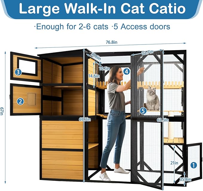 Large Cat Catio Outdoor 4 Tiers Cat Enclosure Window Access, Walk-in Cat Cage Cat House for Multiple Indoor Outdoor Cats, Outside Patio 5 Doors Weatherproof Asphalt Roof & PVC Canopy Roof