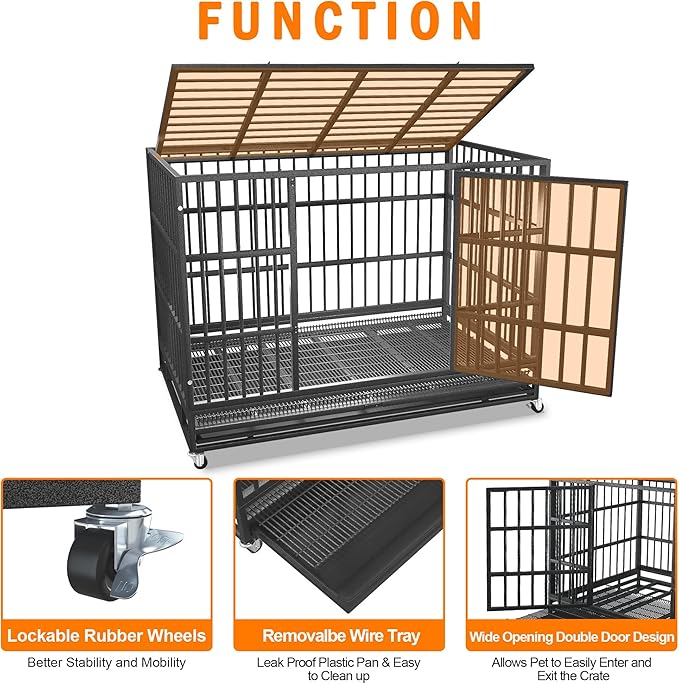48 inch Heavy Duty Indestructible and Escape-Proof Dog Crate Cage Kennel for Large Dogs, High Anxiety Dog Crate with Removable Wire Trays and Wheels, Extra Large XL XXL, Black