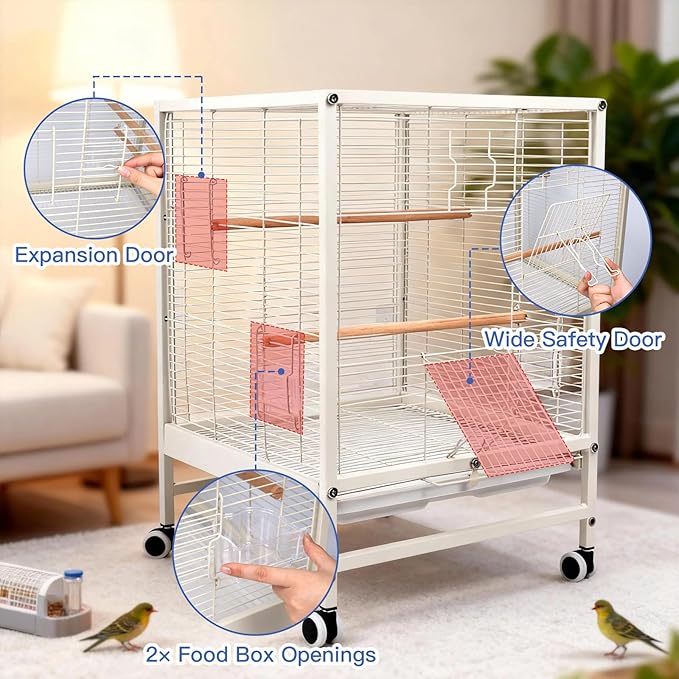 19x19x26 Inch Large Bird Cage for Parrots & Parakeets, Birdcages with Stand & Wheels, Easy Clean Slide Out Tray, Include Wood Perches, Feeder & Water Bottle for Cockatiel, Lovebird, Pigeon, White