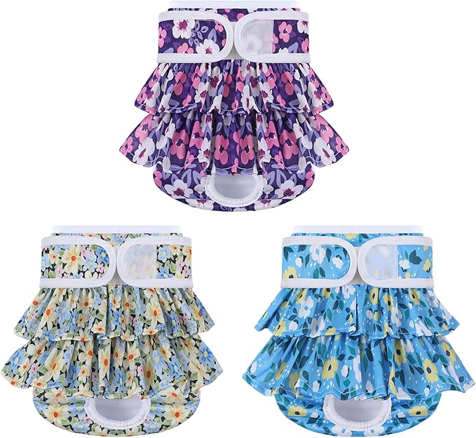Reusable Dog Diapers Female 3 Pack Doggie Diapers for Period Heat Incontinence Puppy Training (Large, PurpleFlower)