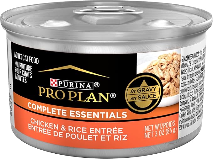 Purina Pro Plan High Protein Cat Food Complete Essentials Wet Gravy,Chicken and Rice Entree - 3 oz. Pull-Top Cans,(Pack of 48)