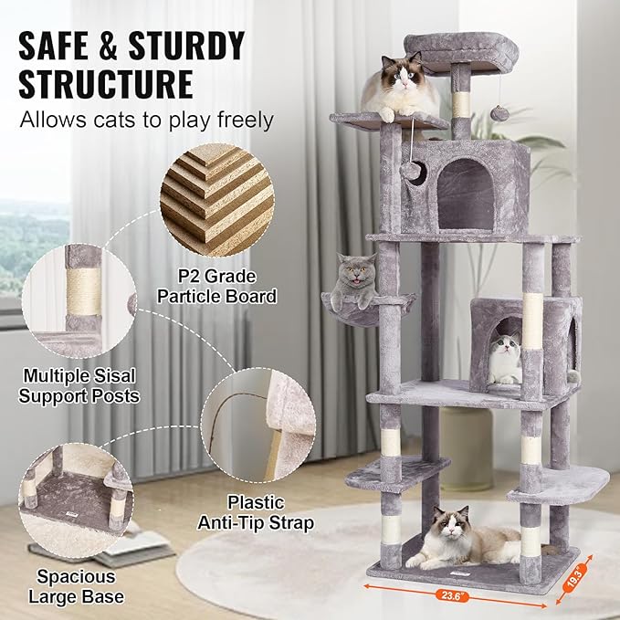 VEVOR Cat Tree for Indoor Cats, 68.5" Cat Tower with 2 Cat Condos, Sisal Scratching Post, Hammock, Top Perch, Jumping Platforms, Large Cat Furniture Activity Center with Hang Ball, Light Grey