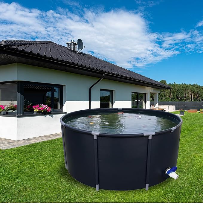 Canvas Fish Pond, 450 Gallon Capacity Koi Pond, Foldable PVC Outdoor Fish Tank, Round Goldfish Bowl, Above Ground Pond with Stabilizing Frame and Drain Valve for Koi Farming, Aquaculture