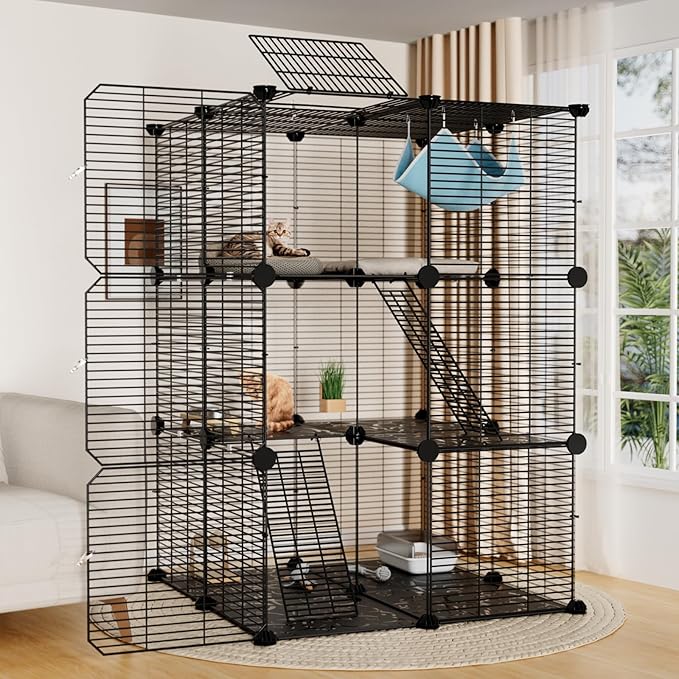 Large Cat Cage Indoor: Enclosed Cat Enclosure DIY Pet Playpen Detachable Metal Wire Kennel Sturdy Crate with Hammock for Cats Kitten