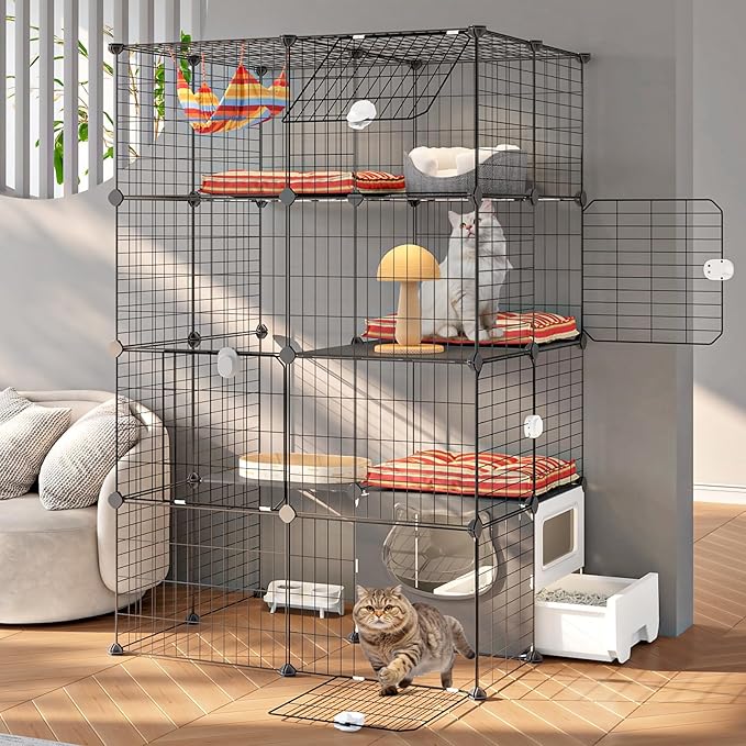 Oneluck Cat Cage with Litter Box, 4-Tier DIY Enclosures Detachable Metal Wire Kennel Catio Indoor Crate Large Exercise Place Ideal for 1-2 Cats