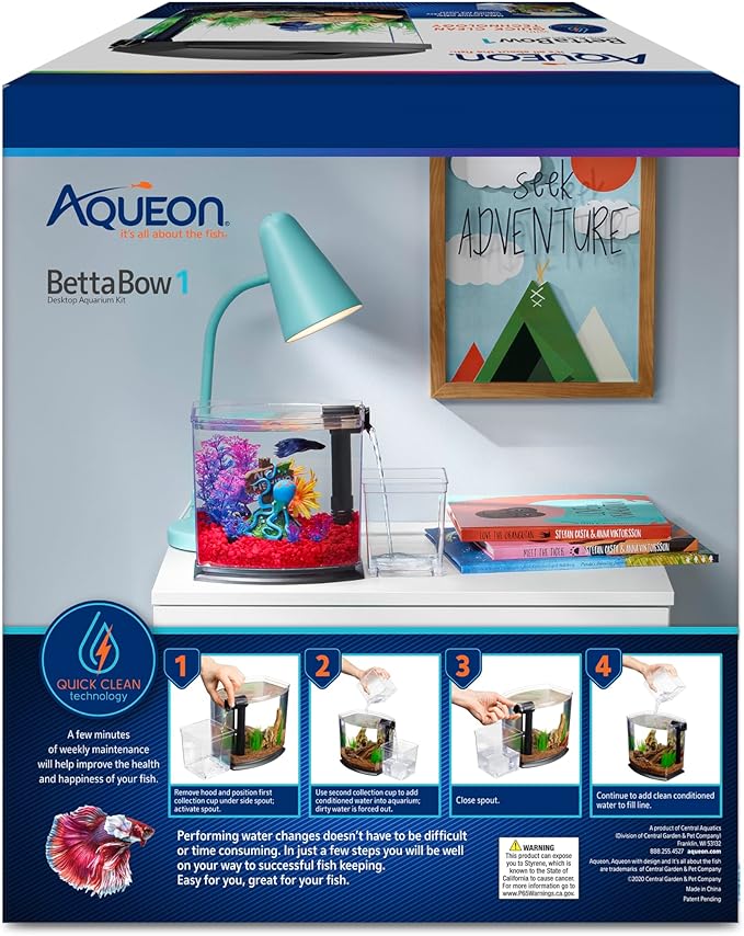 Aqueon BettaBow with Quick Clean Technology Aquarium Kit, Freshwater, Betta Fish, 1-Gallon, Black