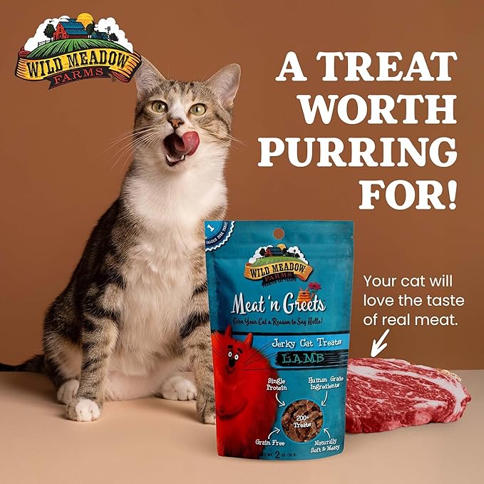 Wild Meadow Farms - Cat Treats - Meat 'N Greets - Soft Jerky Treats with Real Meat, High Protein, Grain-Free, Perfect for Training & Rewarding, All Natural Snacks for Cats - Lamb Flavor