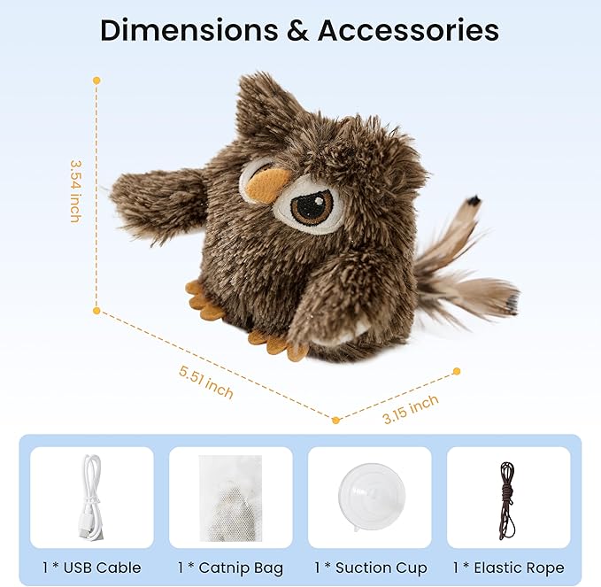 Flappy Bird Cat Toy, Interactive Flapping Chirping Bird Cat Toy with Catnip Bag for Indoor Bored Alone Kitten, Automatic Rechargeable Touch Activated Owl Kitty Toy (No Flying), Brown