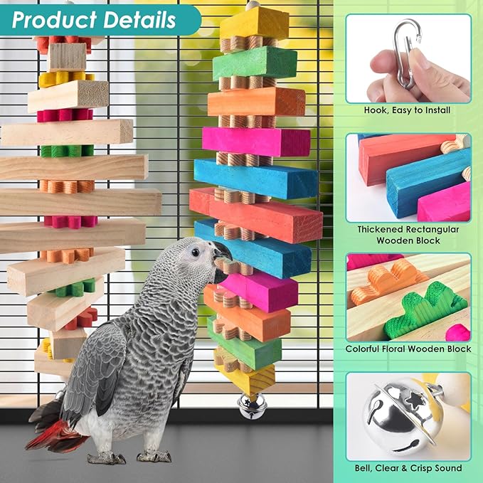 Large Bird Toys for Parrot, 2 Pcs Colorful Natural Wood Block Chew Tearing Toy with Bell for Macaws, African Greys, Amazon Parrots, Eclectus, Cockatoo