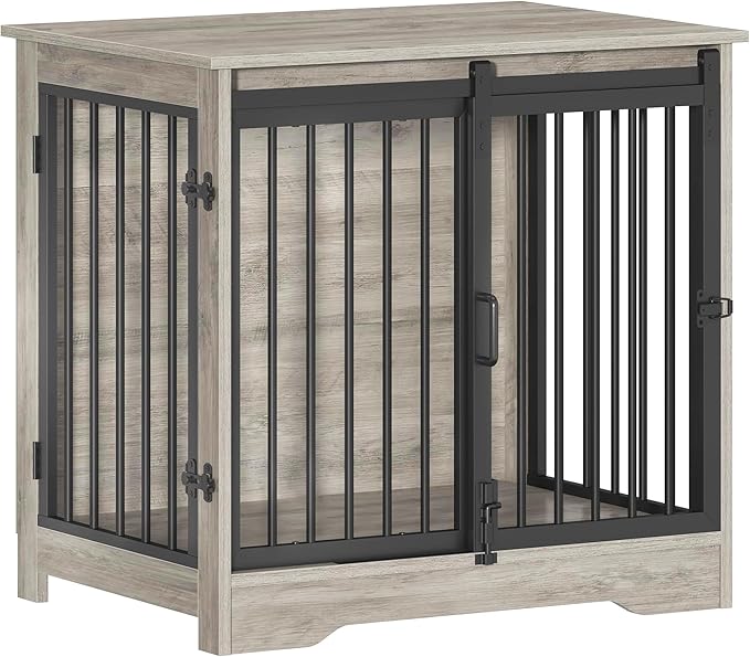 27.2" Dog Crate Furniture with Barn Door, Heavy Duty Dog Kennel Indoor with 2 Doors, Wooden Pet Cage End Table for Small Medium Dogs up to 22 lb, Anti-Chew Anti-Escape, Greige DFC84305B