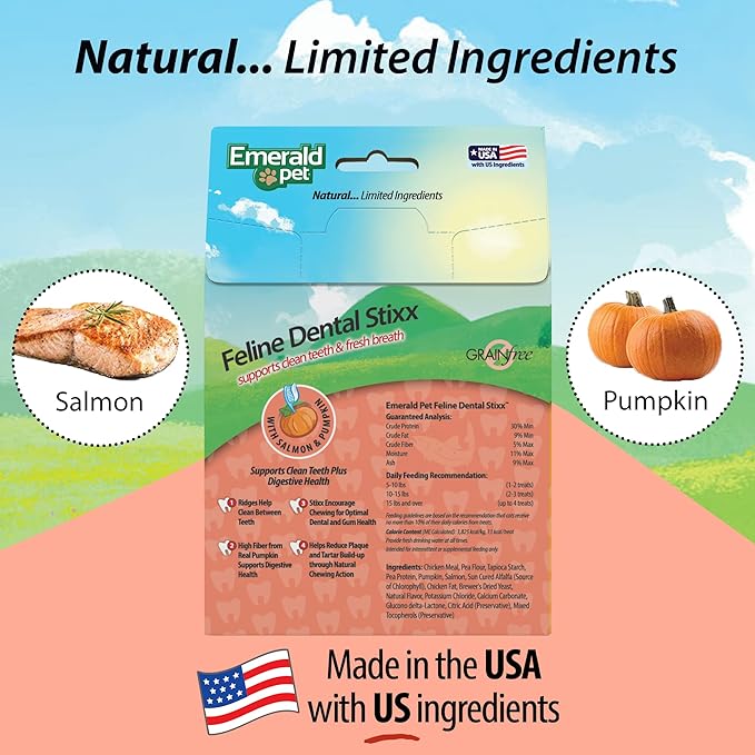 Emerald Pet Feline Dental Stixx — Tasty and Crunchy Cat Sticks with Pumpkin for Digestive Health — Natural Grain Free Dental Treats for Clean Teeth and Fresh Breath — Salmon, 3.6 oz