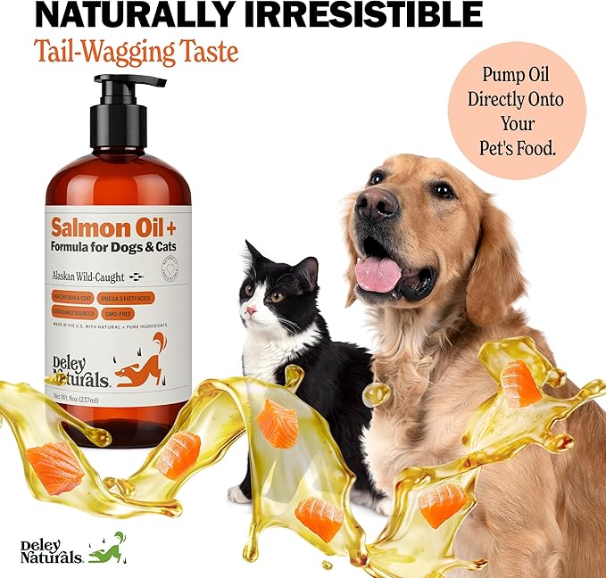 Deley Naturals Wild Alaskan Salmon Oil for Dogs & Cats - New and Improved Salmon Oil Plus Formula - Fish Oil for Dogs with Omega 3, DHA and EPA - Omega 3 for Healthy Skin and Coat - 8oz Made in USA