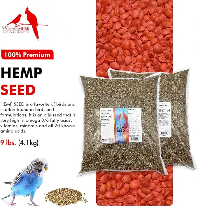 Morning Bird Hemp Seeds 18 lbs (2-Pack, 9 lbs Each) – High in Natural Protein, Healthy Fats, Omega 3 and 6 Fatty Acids, Delicious Natural Flavor, Supports Feather Growth & Overall Health